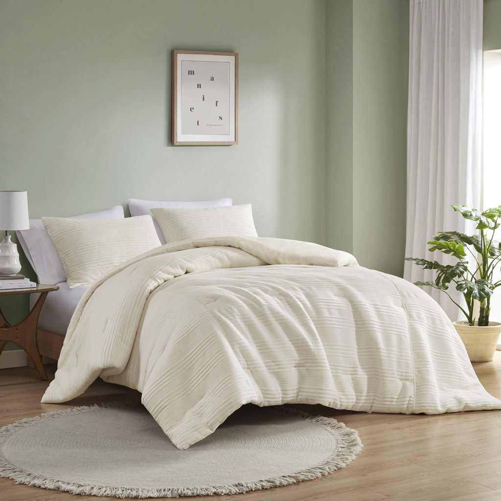 Wyatt - 3 Piece Full Knitted Jersey Comforter Set - Ivory