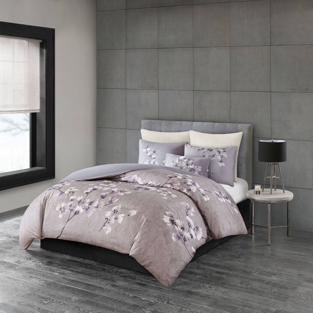 Sakura Blossom - 3 Piece Sateen Printed Duvet Cover Set - Lilac