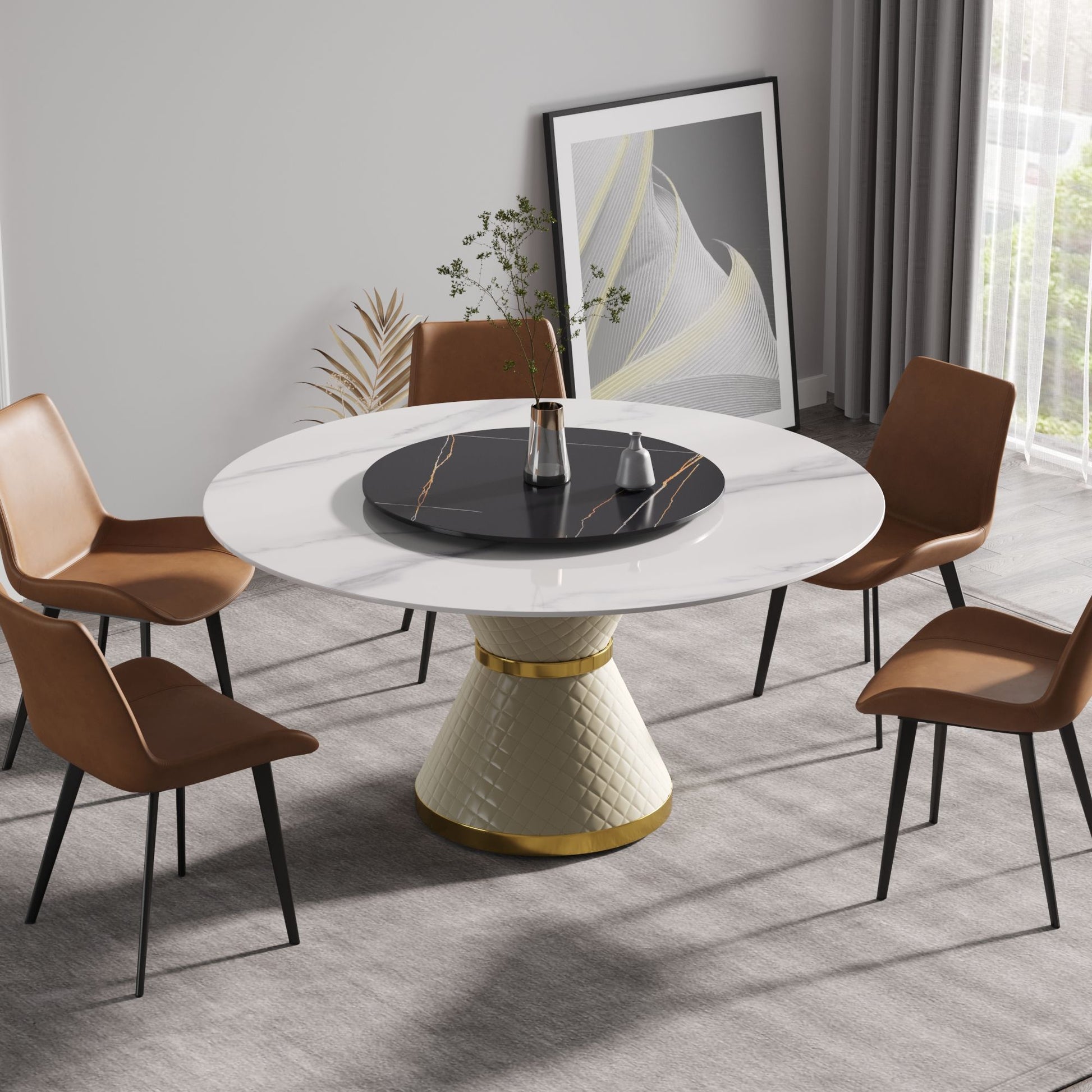 Modern Artificial Stone Round Carbon Steel Base Dining Table, Artificial Stone Turntable Home Essentials
