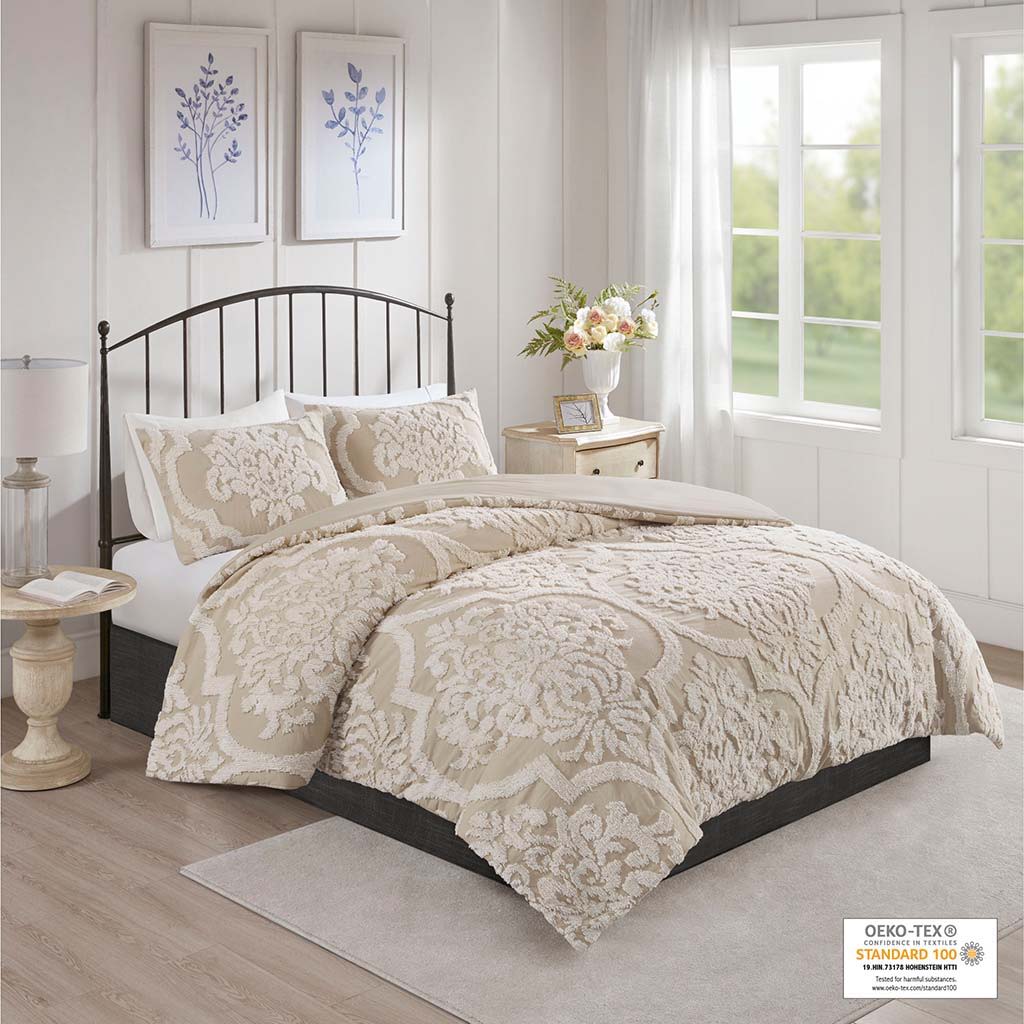 Viola - King 3 Piece Tufted Damask Comforter Set - Taupe