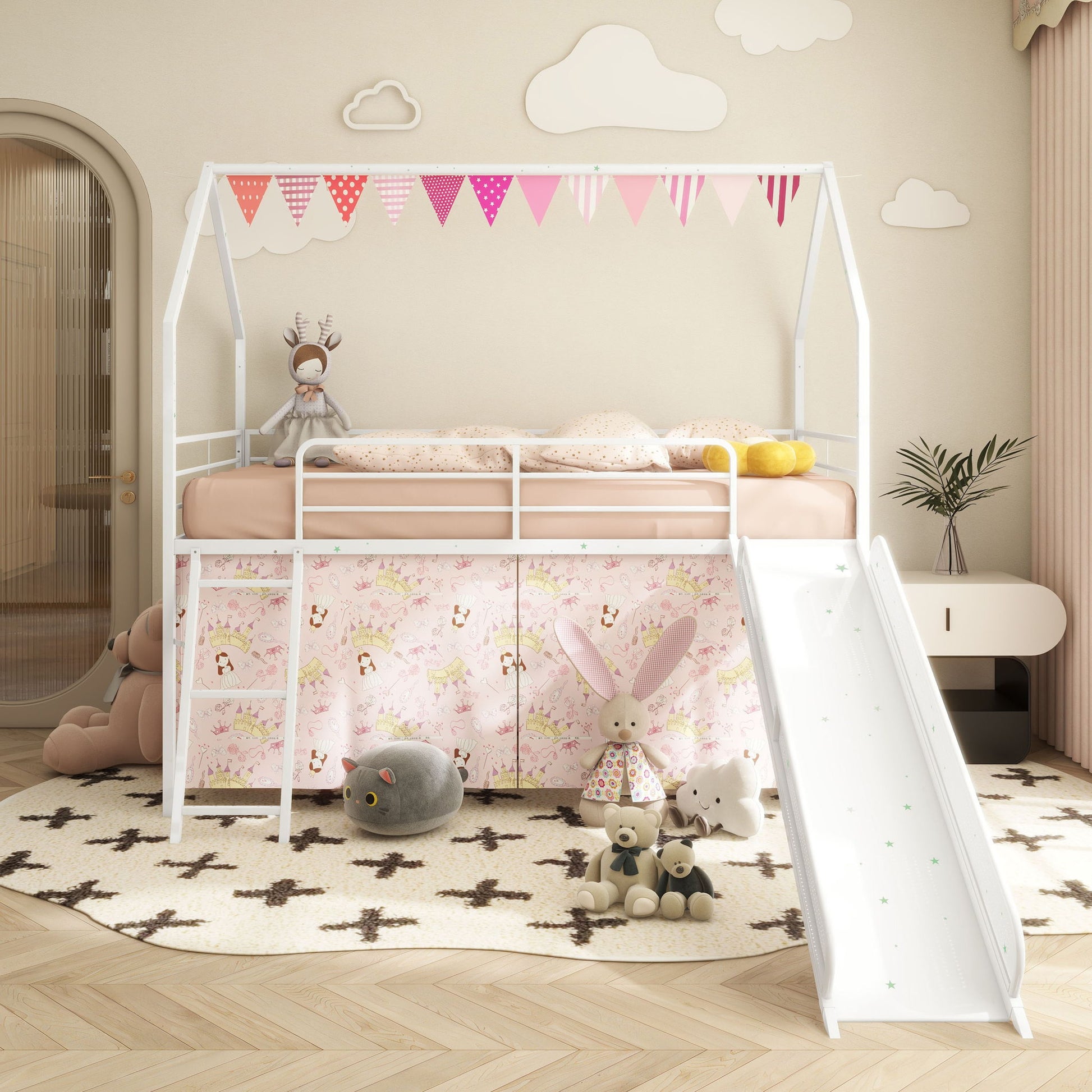 Jack - House Loft Bed With Slide And Curtain Set House & Home Furniture