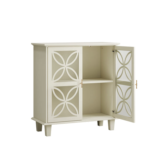 Modern Retro Sideboard Buffet Storage Cabinet With Adjustable Shelves And Tempered Glass Doors - Cream Color Home Essentials