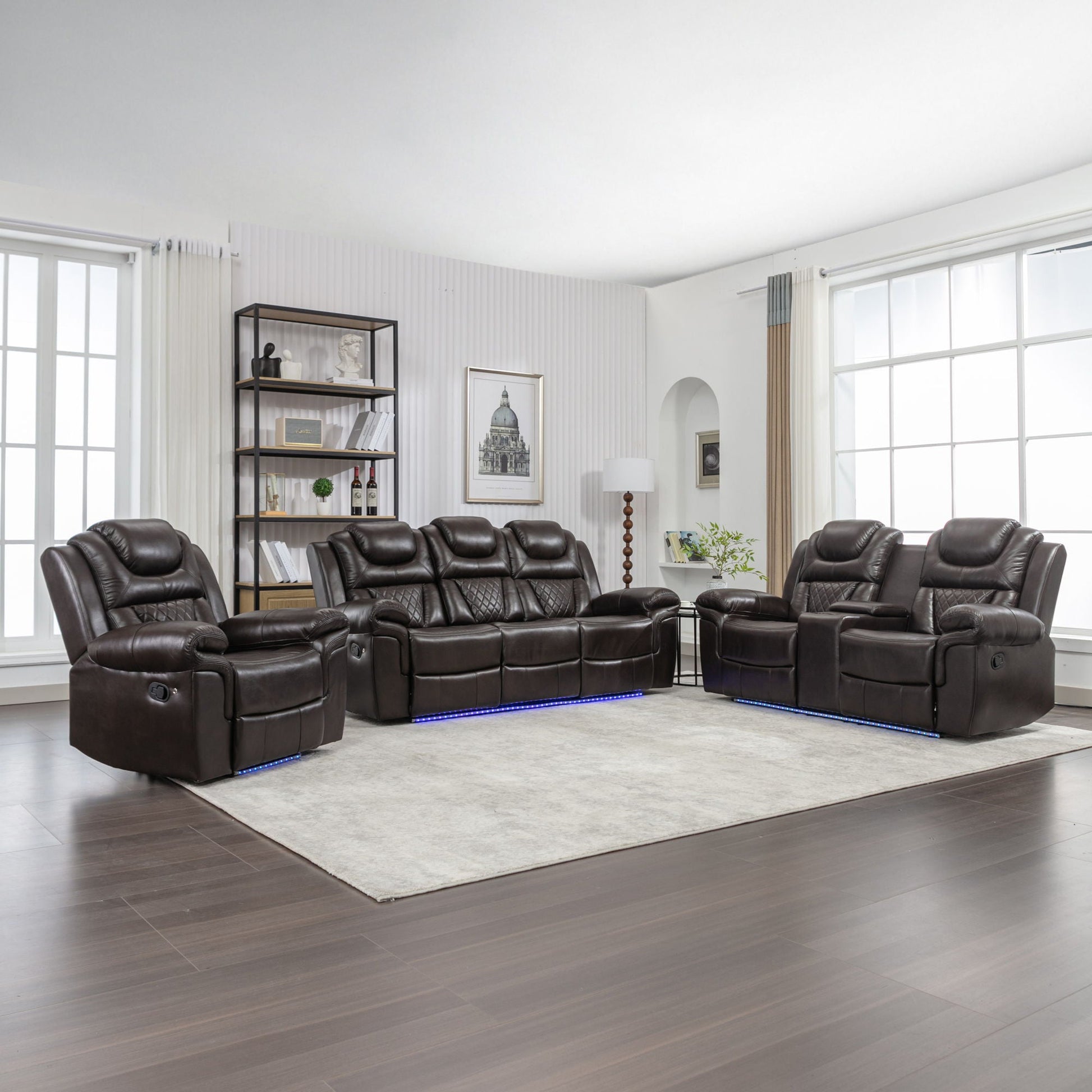 3 Pieces Recliner Sofa Sets Home Theater Seating Manual Recliner Chair & Center Console And LED Light Strip For Living Room - Brown Hearth and Haven
