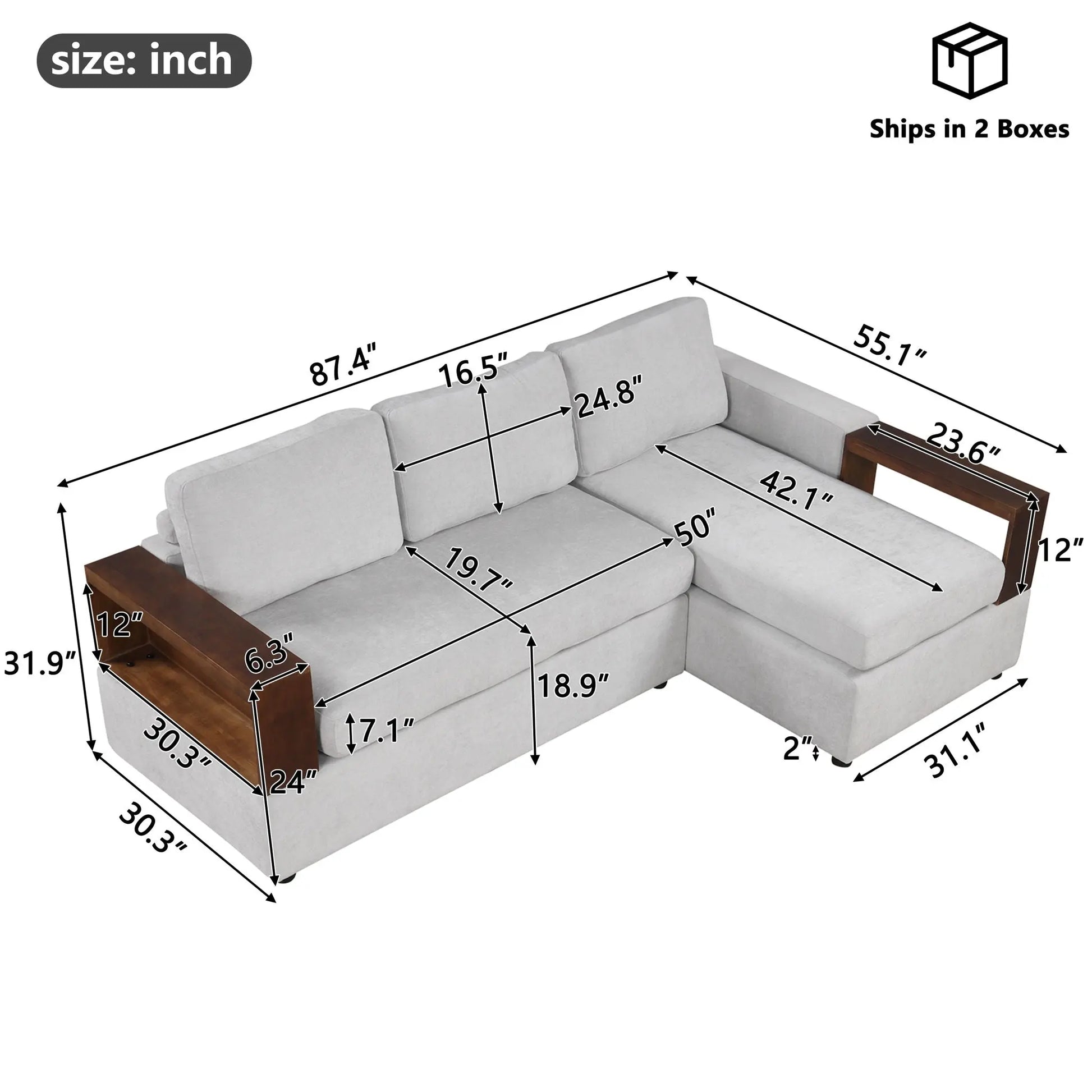 Sectional Sofa Upholstered Sofa Couch With Reversible Armrests For Living Room Noble House