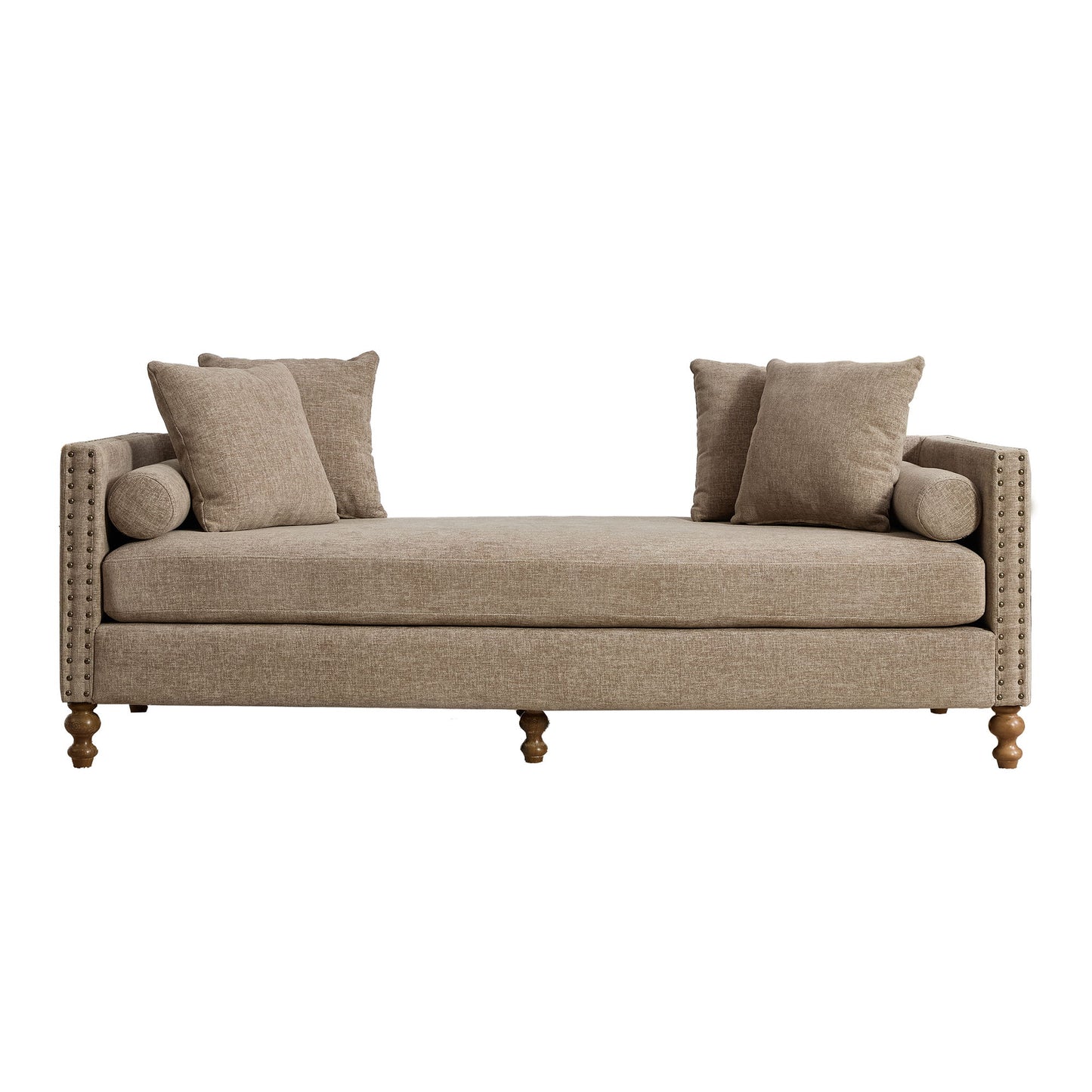 Upholstered Chaise Lounge Indoor With Nailheads, Sleeper Sofa Couch With 4 Throw Pillows & 2 Bolsters, Daybed With Rubberwood Legs