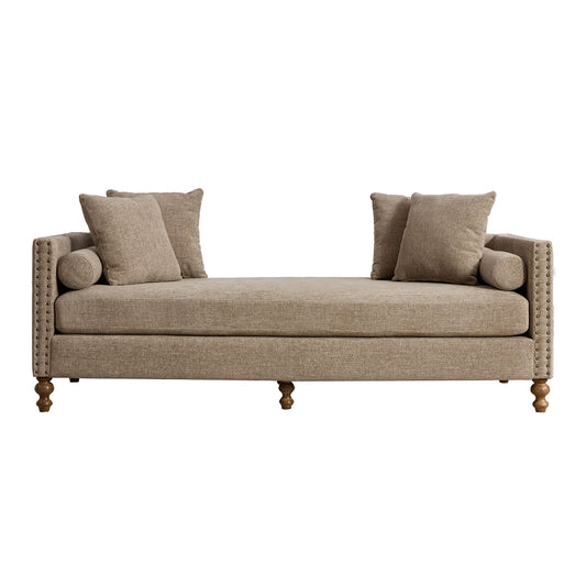 Upholstered Chaise Lounge Indoor With Nailheads, Sleeper Sofa Couch With 4 Throw Pillows & 2 Bolsters, Daybed With Rubberwood Legs