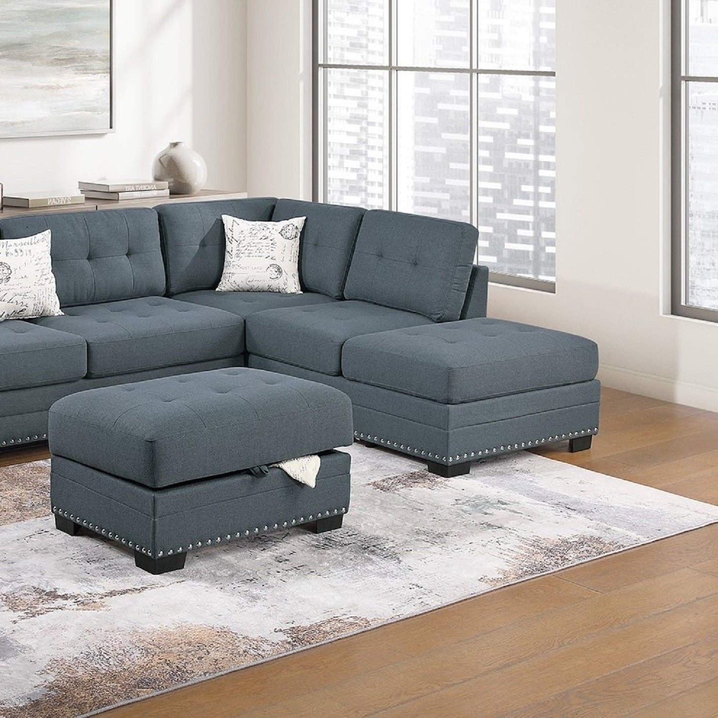 L - Shaped Sectional Sofa Set With Storage Ottoman, Tufted Upholstery Nailhead Trim Home Essentials