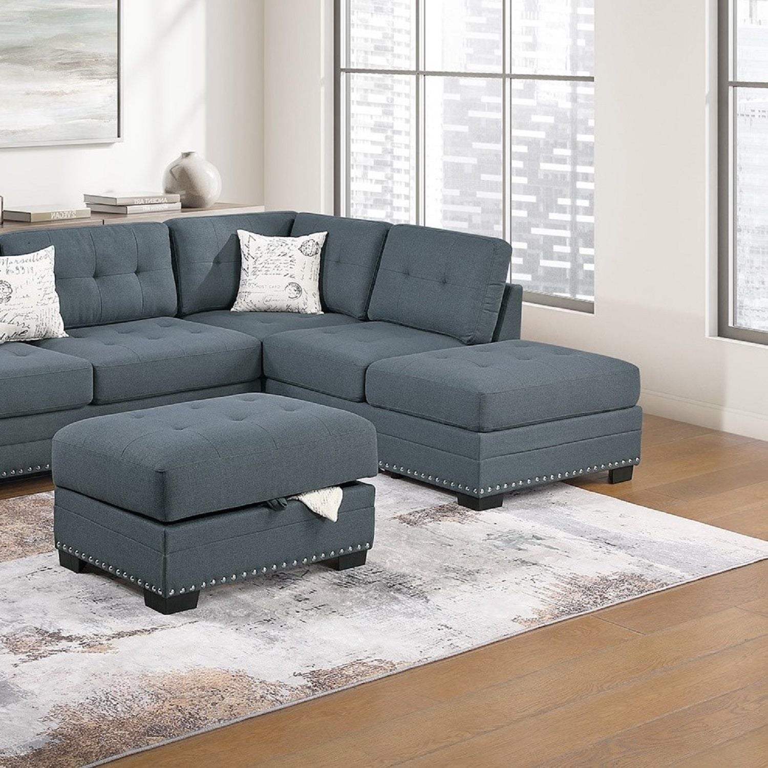 L - Shaped Sectional Sofa Set With Storage Ottoman, Tufted Upholstery Nailhead Trim Home Essentials