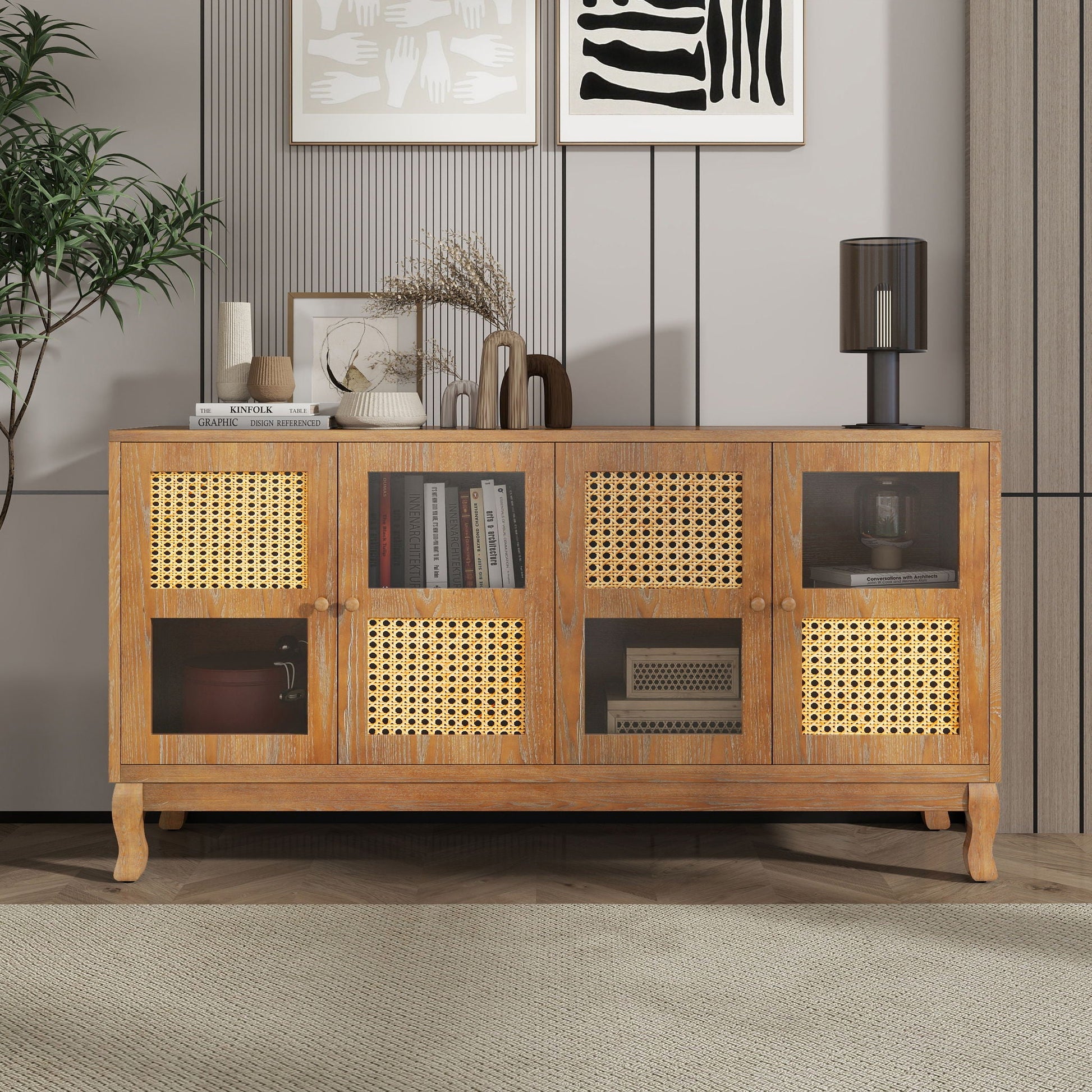 Retro Industrial 4 Door Sideboard With Large Storage, Rattan And Glass Doors Home Essentials