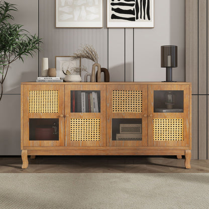 Retro Industrial 4 Door Sideboard With Large Storage, Rattan And Glass Doors Home Essentials