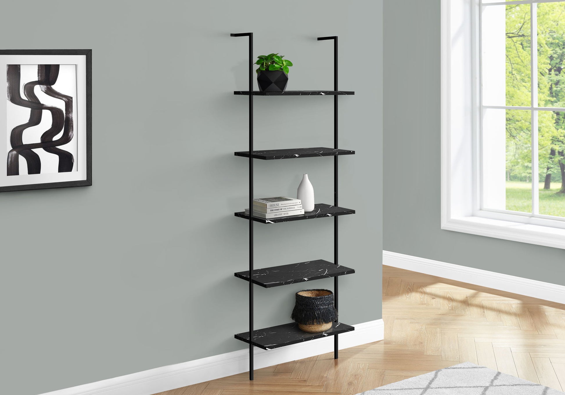 Bookshelf, Bookcase, Etagere, Ladder, 5 Tier, For Office, Marble Look Contemporary & Modern 8th Street