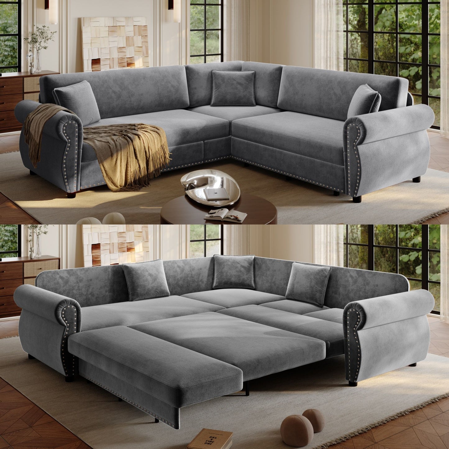 L-Shaped Sofa Couch With Pull-Out Bed Home Essentials