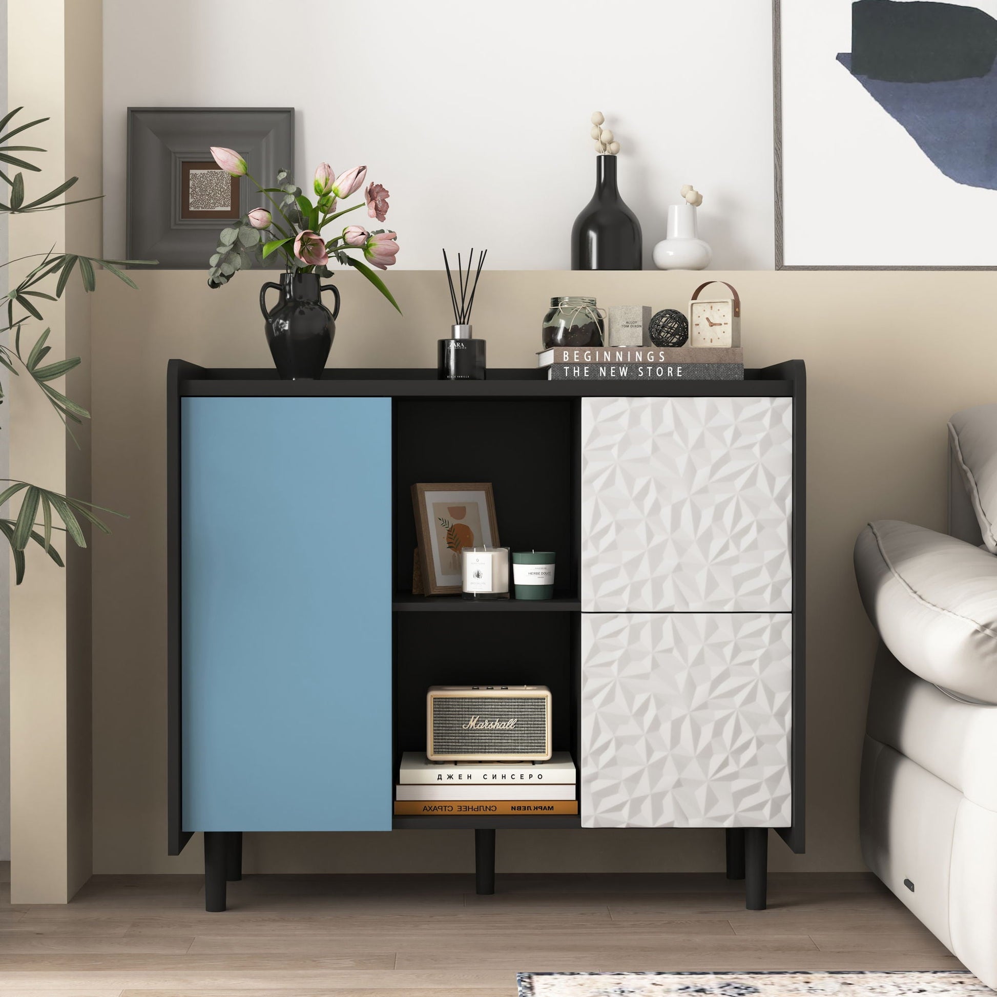Modern Sideboard Buffet Cabinet With Red Doors And Unique Panel Styling Home Essentials