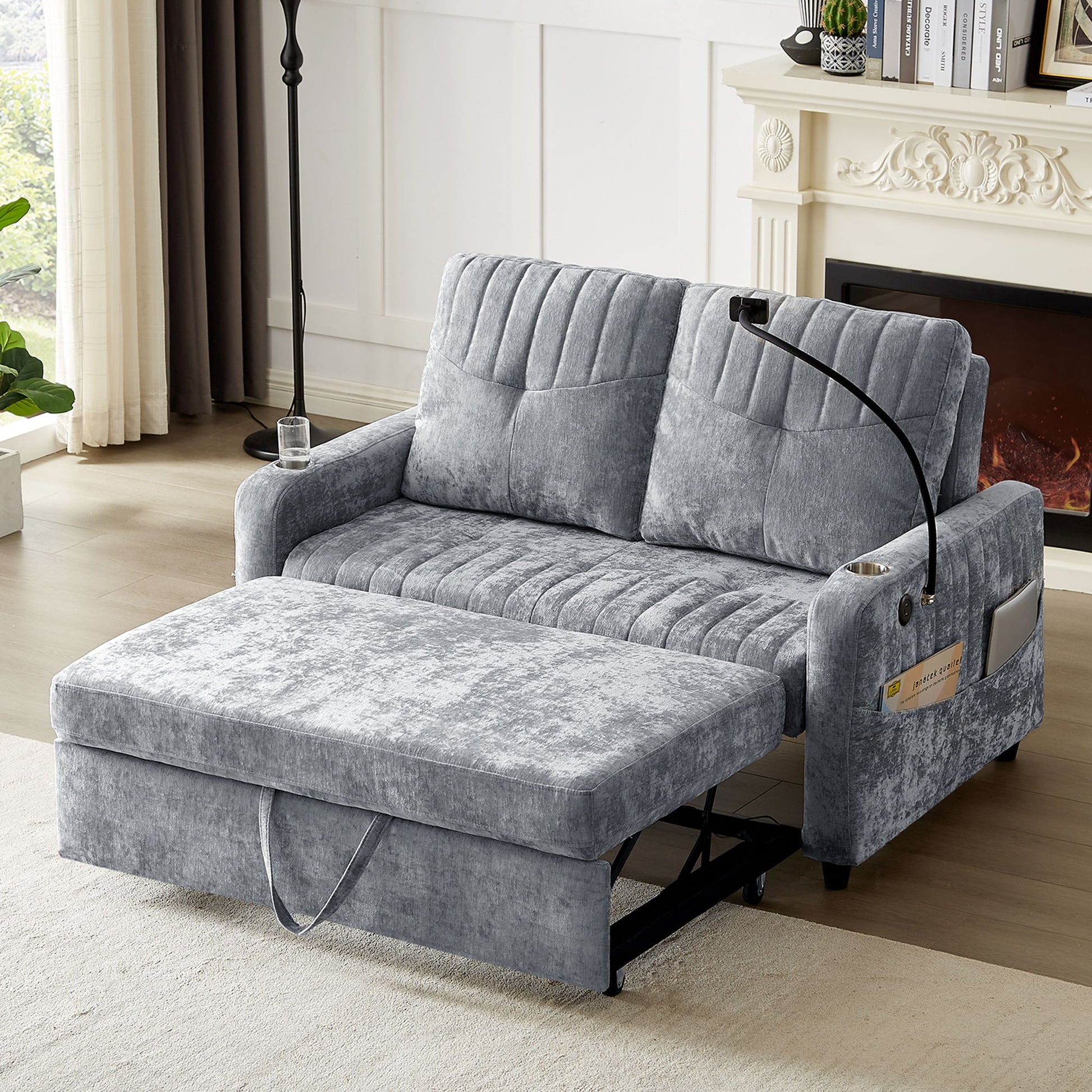 Modern Loveseat Pull Out Sofa Bed With Adjustable Backrest, Two Cup Holders, A Phone Holder, Three Charging Ports And Side Storage Pockets For Living Room Hearth and Haven