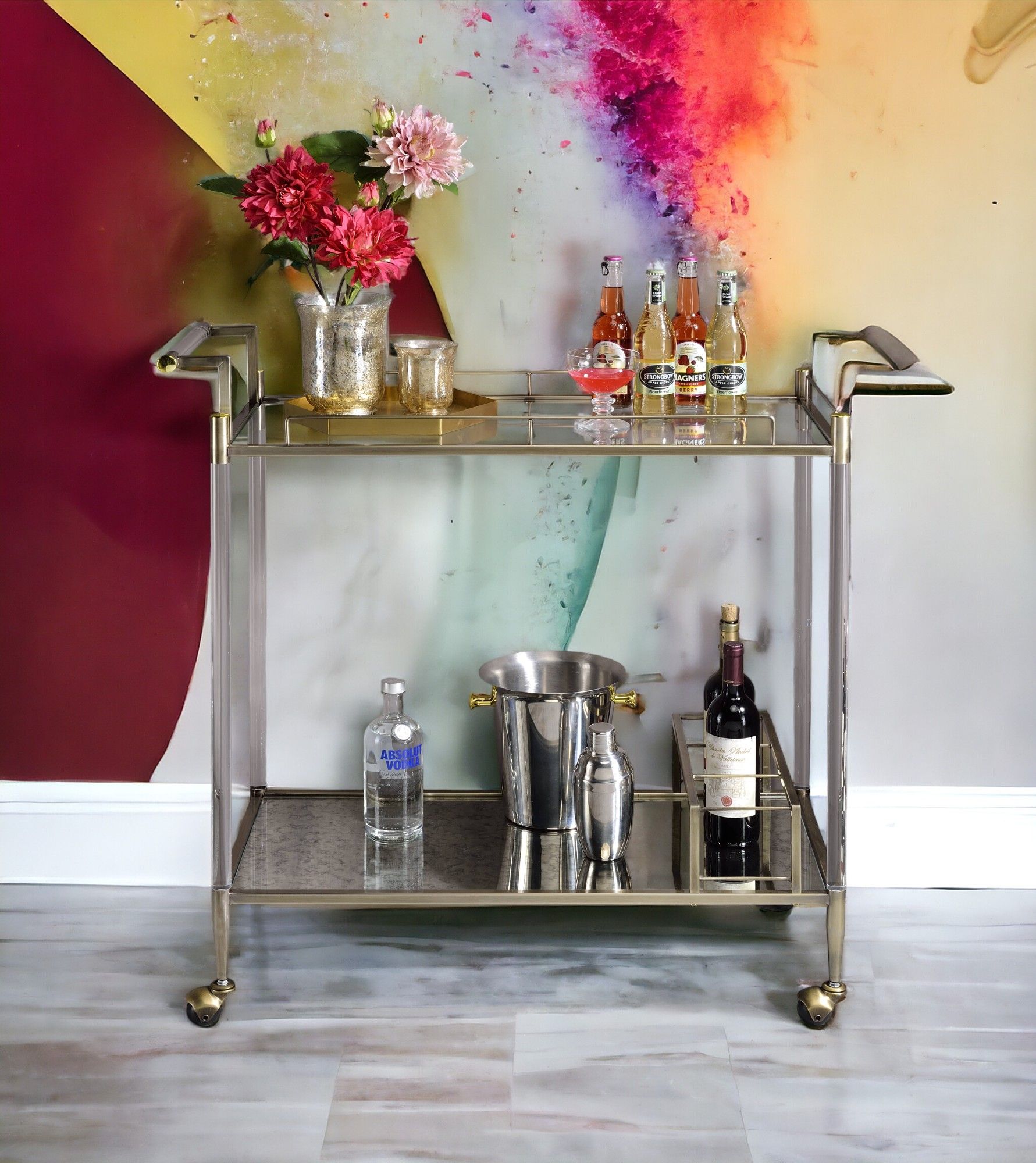 Cirro - Antique Mirror Wire Brass Serving Cart - Antique Brass / White Acme