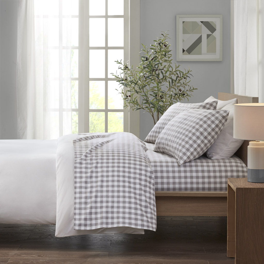 Cozy Flannel - 3 Piece Twin Printed Sheet Set - Gray Herringbone Check True North by Sleep Philosophy