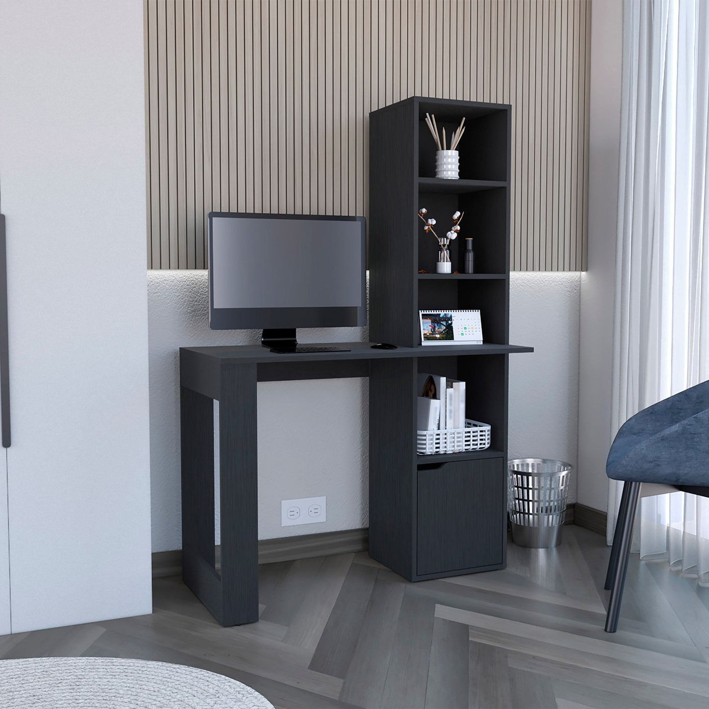 Writing Desk With Bookcase And Cabinet - Black Home Essentials
