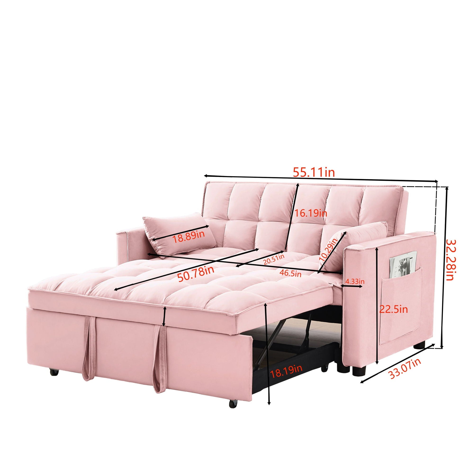 Modern Velvet Convertible Loveseat Futon Sofa With Pullout Bed, Reclining Backrest Home Essentials