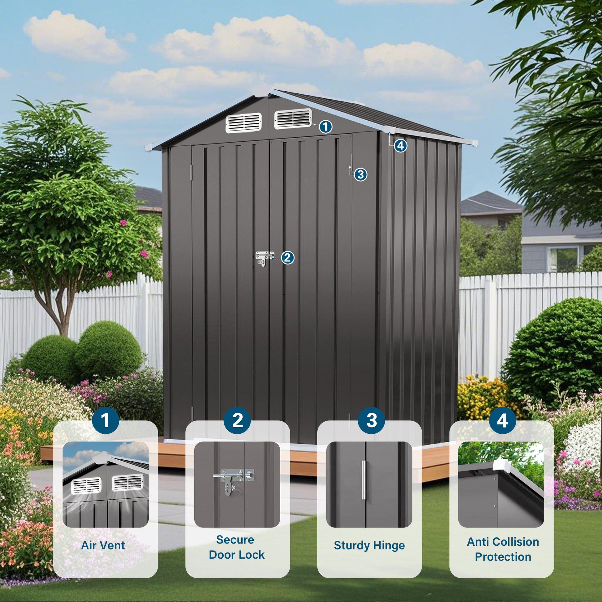 5 X 3 Ft Compact Metal Outdoor Storage Shed With Pitched Roof, Lockable Door - Gray Daily Nest