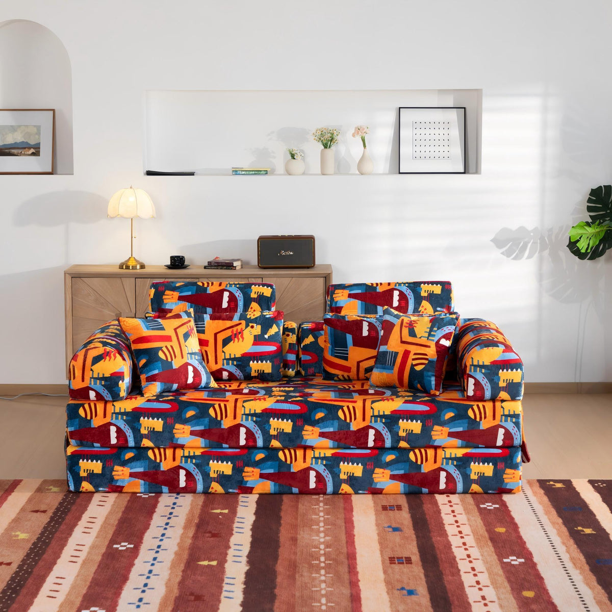 Convertible Sleeper Sofa Bed, Foldable Multi Functional Couch For Living Room - Navy / Red Home Essentials