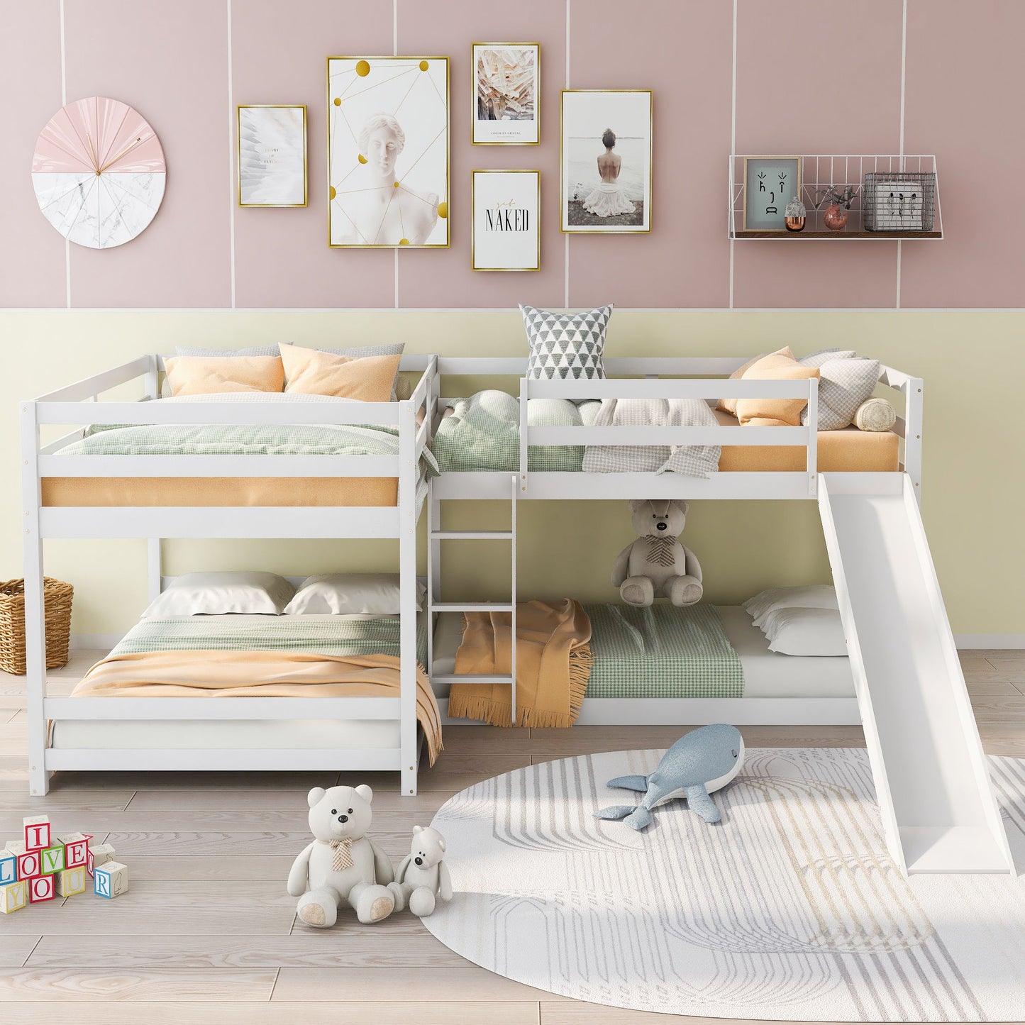 L-Shaped Bunk Bed With Slide And Short Ladder