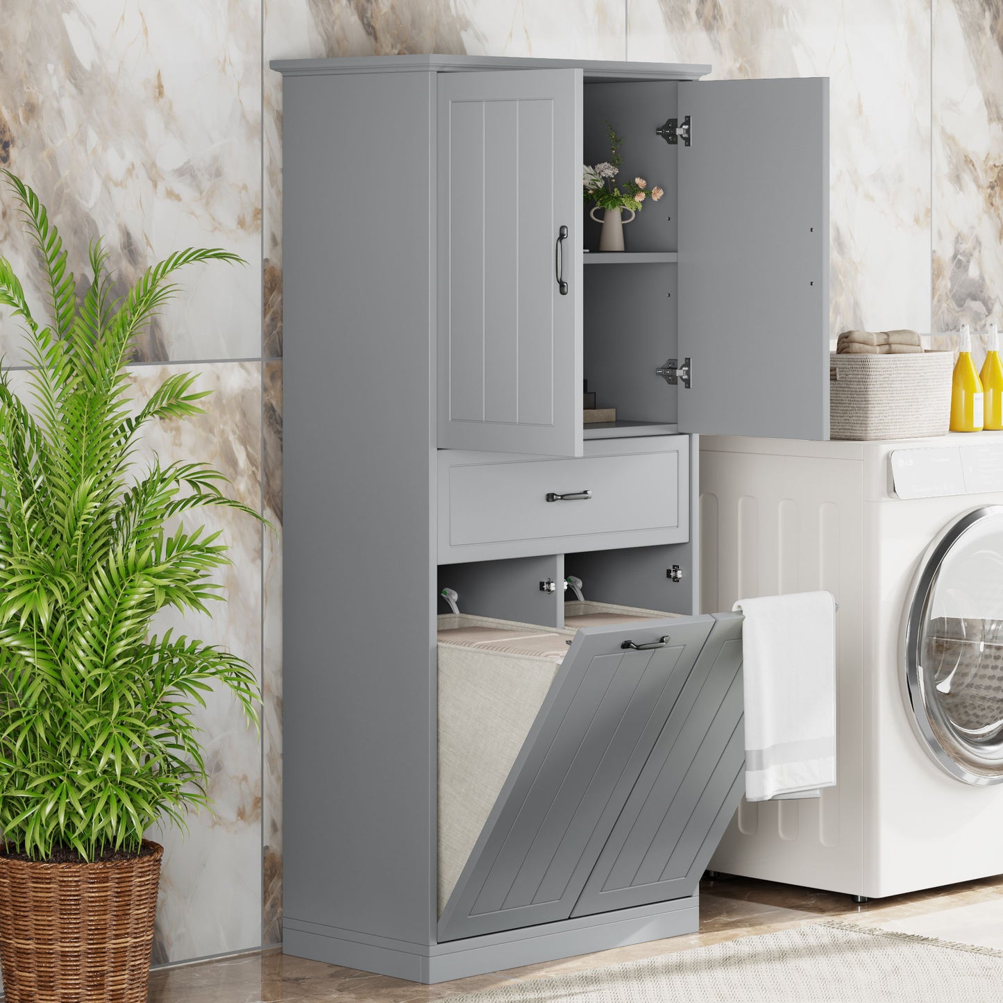 Modern Bathroom Storage Cabinet With Two Laundry Baskets, One Drawer, Adjustable Shelf Noble House