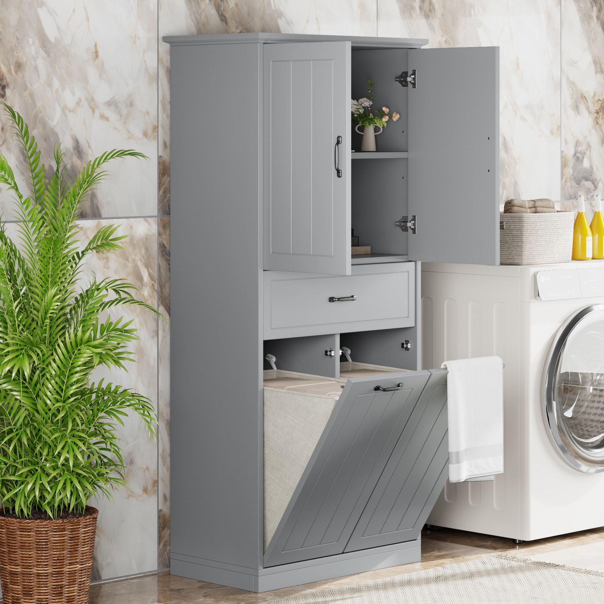 Modern Bathroom Storage Cabinet With Two Laundry Baskets, One Drawer, Adjustable Shelf Noble House