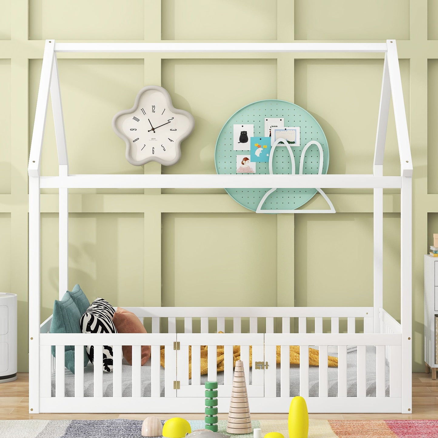 Wood House Bed With Fence And Door Hearth and Haven