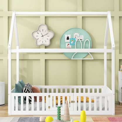 Wood House Bed With Fence And Door Hearth and Haven