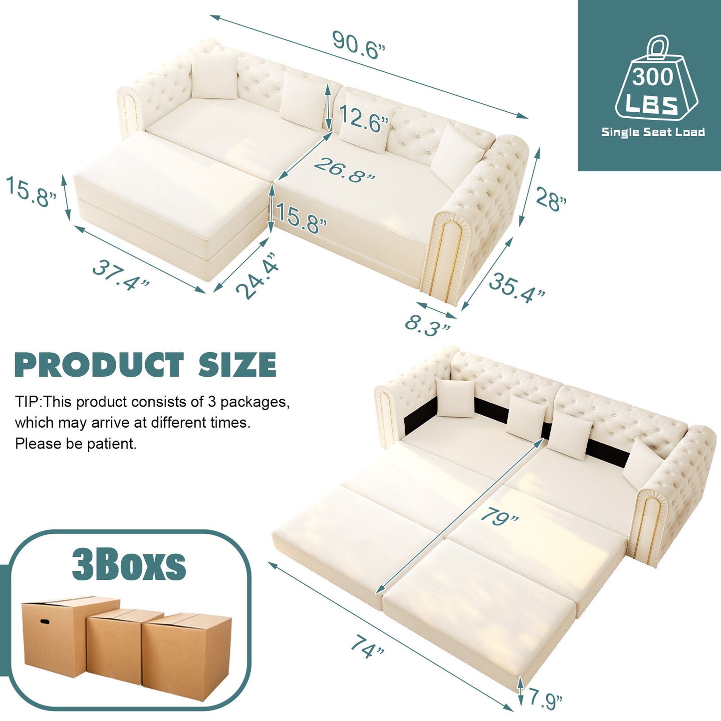 3-In-1 Convertible Sleeper Sofa With Movable Ottoman For Living Room Home Essentials