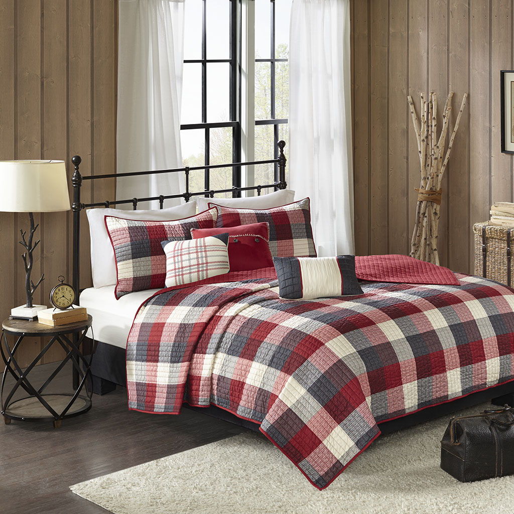 Ridge - King 6 Piece Reversible Herringbone Coverlet Set - Red Madison Park