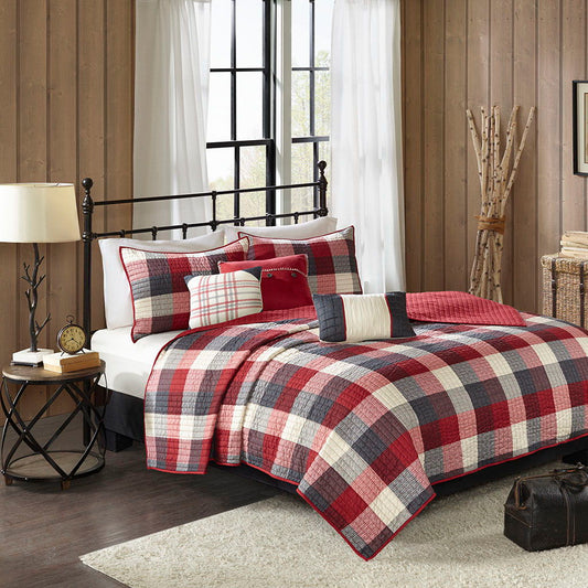 Ridge - King 6 Piece Reversible Herringbone Coverlet Set - Red Madison Park