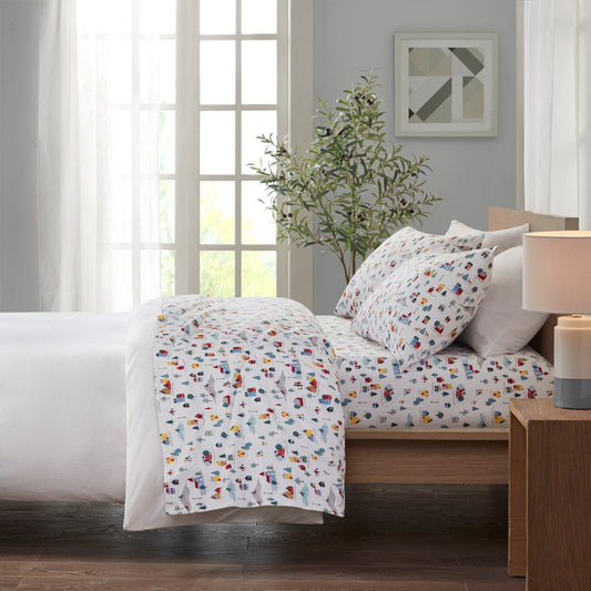 Cozy Flannel - 4 Piece King Printed Sheet Set - White Village Print True North by Sleep Philosophy