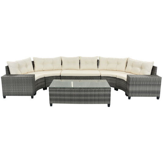 8 Pieces Outdoor Wicker Round Sofa Set, Half-Moon Sectional Sets All Weather, Curved Sofa Set With Rectangular Coffee Table, PE Rattan Water-Resistant And UV Protected, Movable Cushion Hearth and Haven