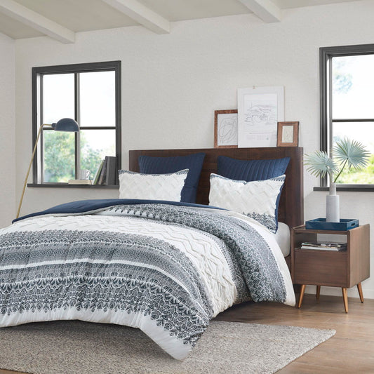 Mila - King 3 Piece Comforter Set With Tufting - Navy INK+IVY