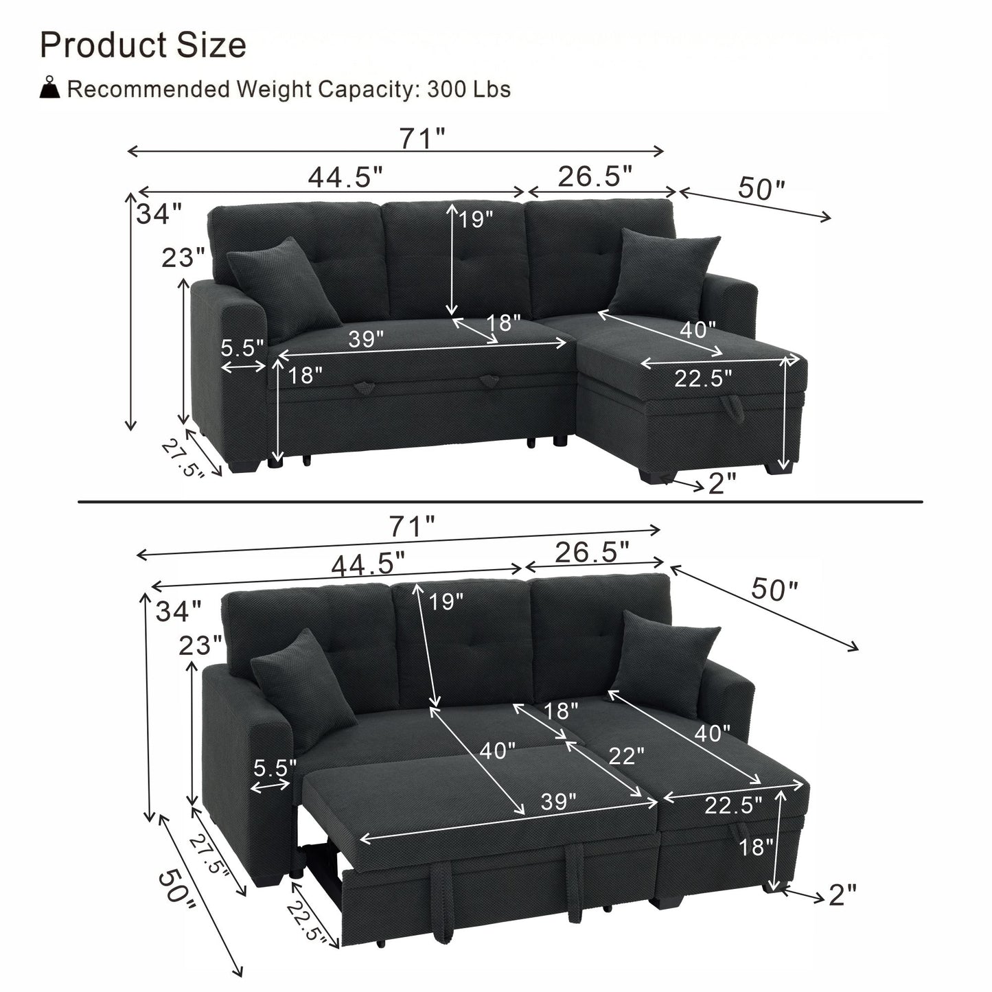 Sleeper Sectional With Pull Out Bed, Reversible Chaise Home Essentials