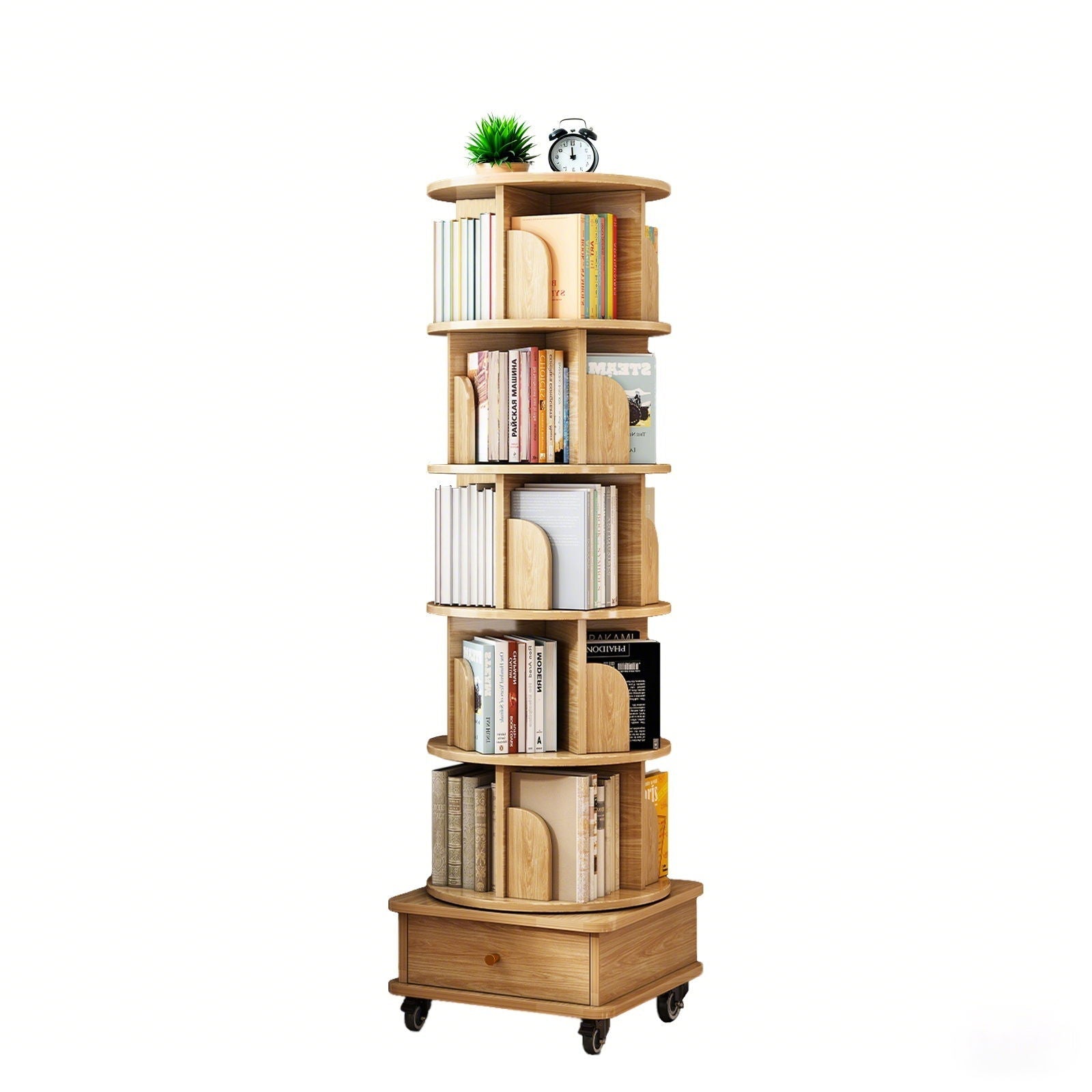 6 Tier Rotating Bookshelf With Wheels And Drawer, 360° Spinning Design, Space Saving Storage, For Home - Wood Home Essentials