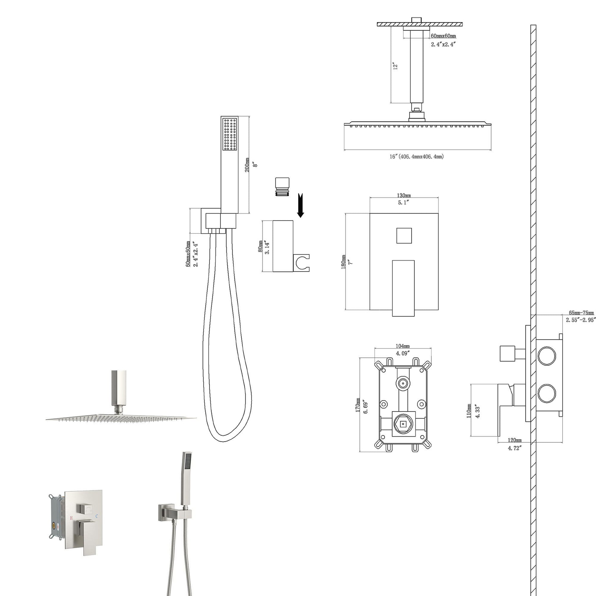 Dual Shower Head 16" Ceiling Mount Square Shower System With Rough In Valve Daily Nest