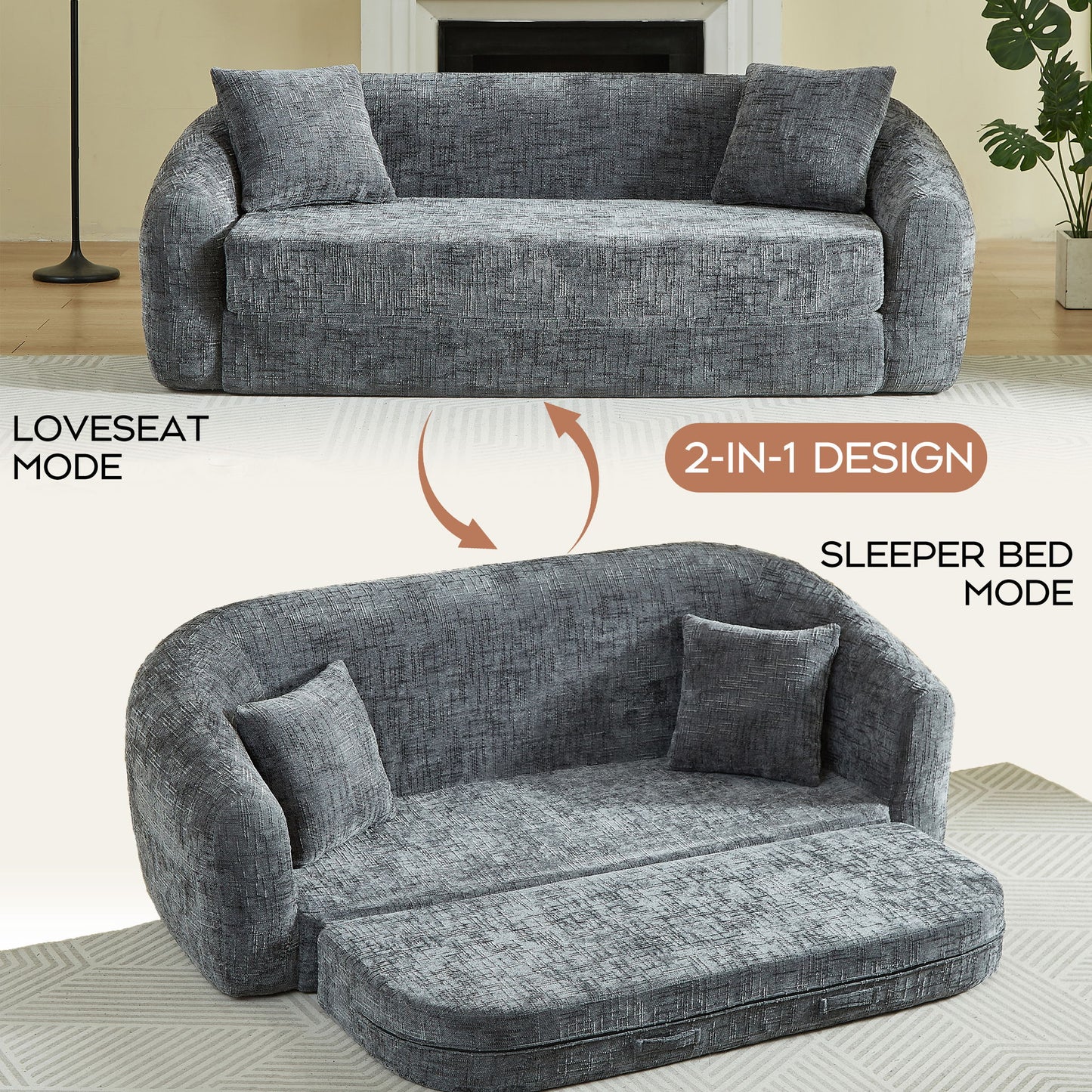 Curved Convertible Sofa, 2 In 1 Fold Out Bed With Pull Out Base And Deep Seat Home Essentials