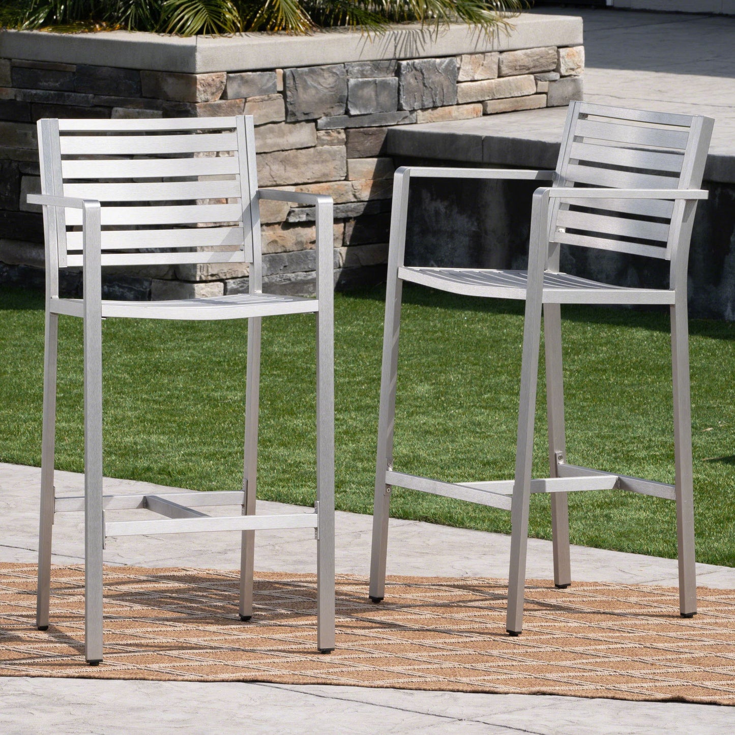 Outdoor Aluminum Rust Proof Barstools (Set of 2) - Silver Noble House