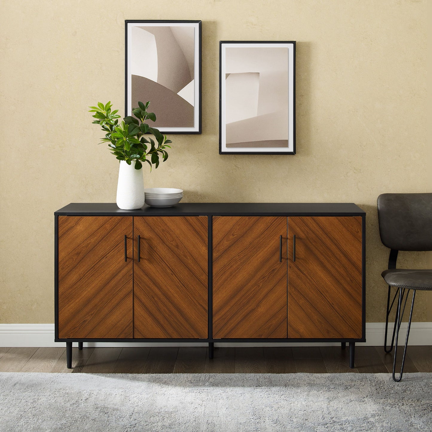 Mid-Century Modern Faux Bookmatch Door Buffet - Acorn / Solid Black Walker Edison