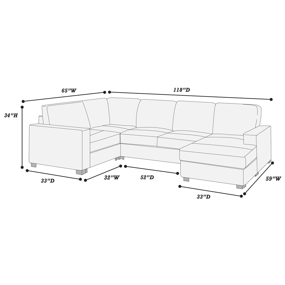 Sectional With RAF Chaise, Armless Loveseat & LAF 1 Arm Chair Home Essentials
