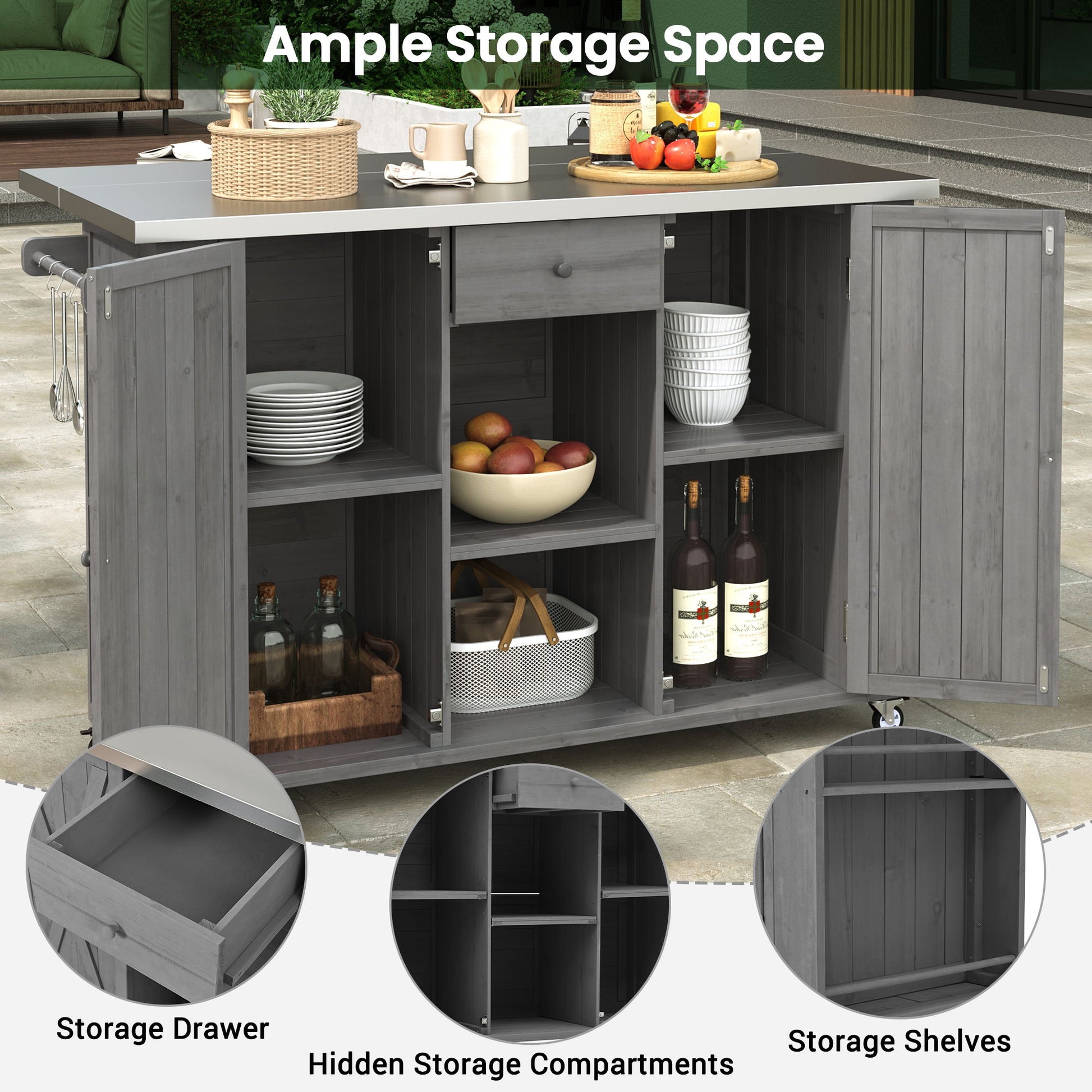 Outdoor Kitchen Island With Stainless Steel Top, Ample Storage Space, Towel And Spice Racks And A Bottle Opener Hearth and Haven
