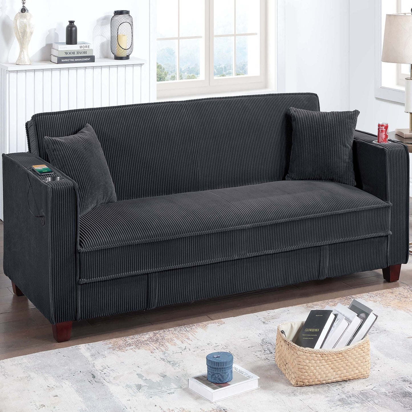 Modern Convertible Sofa With Hidden Storage USB Port, Cup Holder Home Essentials