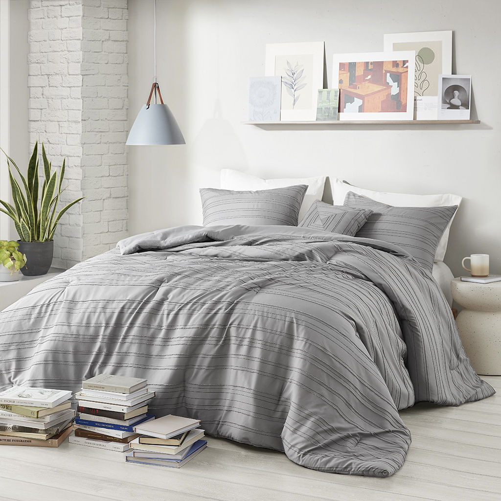 Oliver - Cationic Dyed Clip Jacquard Comforter Set With Throw Pillow - Gray Intelligent Design