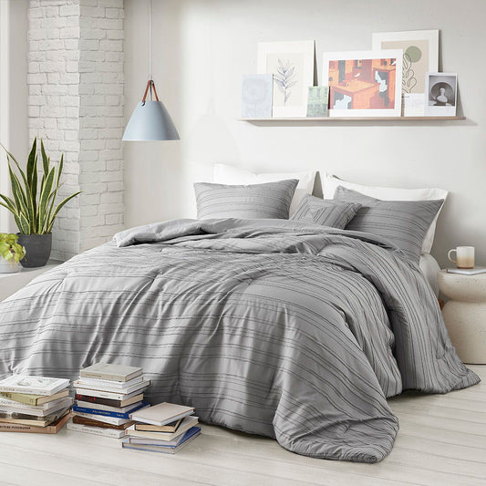 Oliver - Cationic Dyed Clip Jacquard Comforter Set With Throw Pillow - Gray Intelligent Design