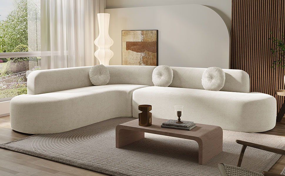 Extra Large Sectional Sofa Soft Fabric Upholstery, Elegant Curved Design With 3 Round Cushions, High - Resilience Foam For Ultimate Comfort - Beige Noble House