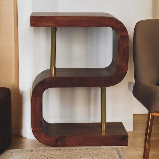 S Curve Brass Bedside Table - Dark Brown Artisan Furniture