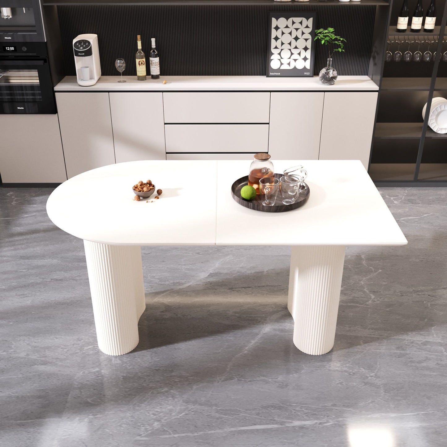 Modern Cream Style Dining Table With Round Wave Legs, 4 - 8 Person - Cream White Home Essentials
