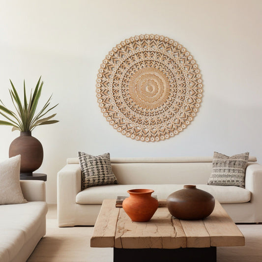 Floral Hand Carved Mandala Round Wall Decor - Brown / Antique White Daily Nest